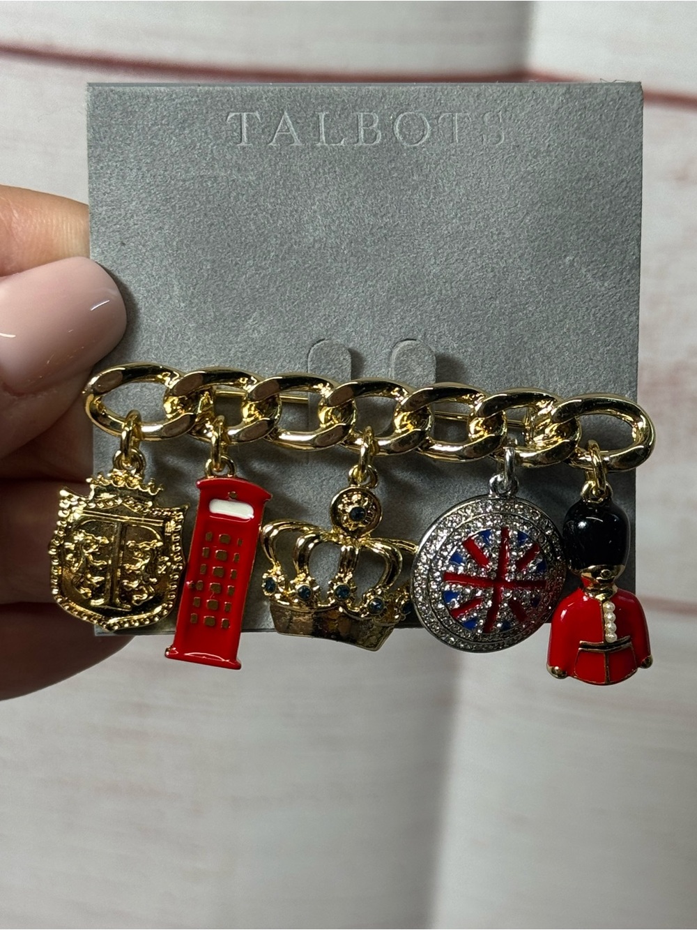 Talbots Gold-Tone British Charm Brooch with Red Enamel Accents